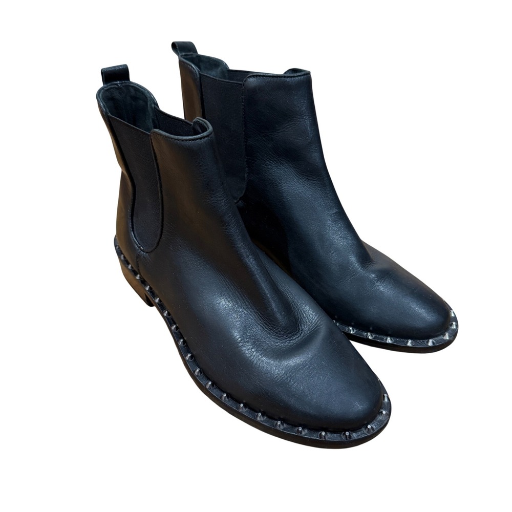Black Leather Chelsea Ankle Boots with Stud Trim - Women's